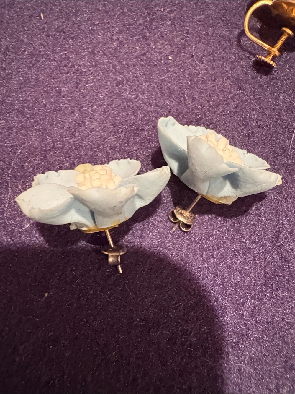 Vintage porcelain Flower clip and stud Earrings - Blue and Pink Floral Set